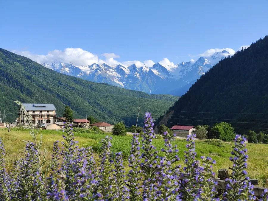 山谷村落与远处雪山