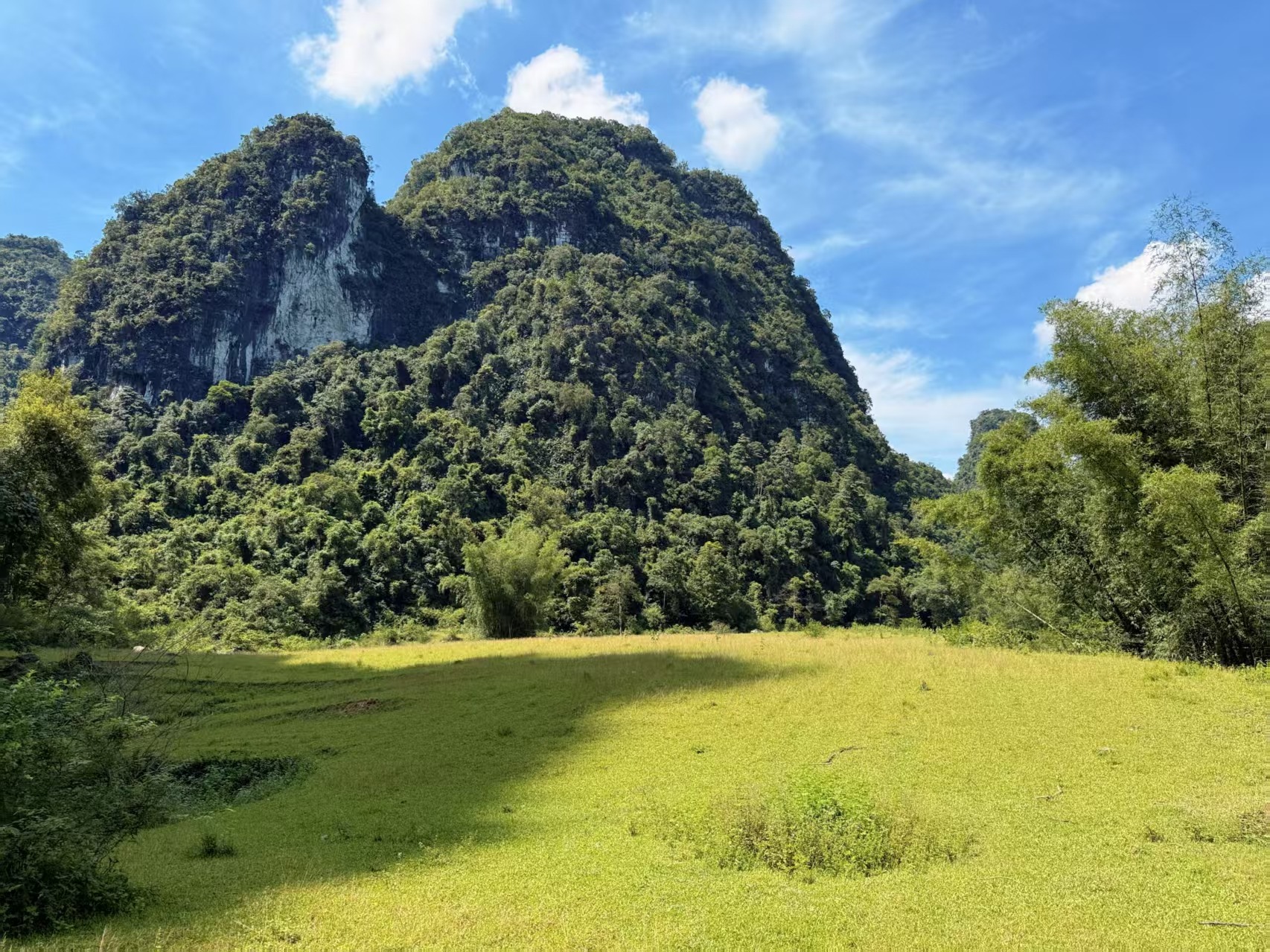 绿草地上的石灰岩山峰